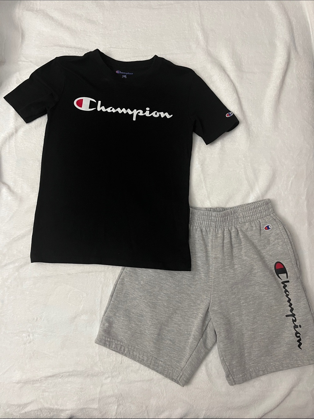 Champion Black Tee with Gray Logo Shorts Set